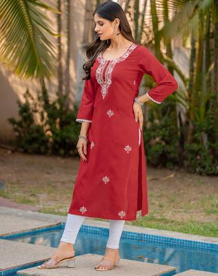 Red chikankari embroidered cotton blend kurti 5