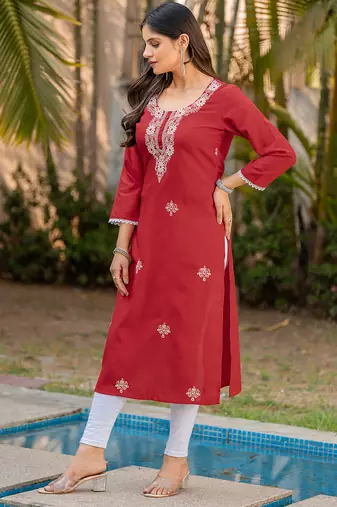 Red chikankari embroidered cotton blend kurti