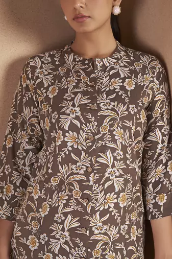 Brown floral printed cotton blend kurti