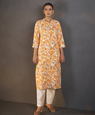 Mustard floral printed cotton blend kurti 1