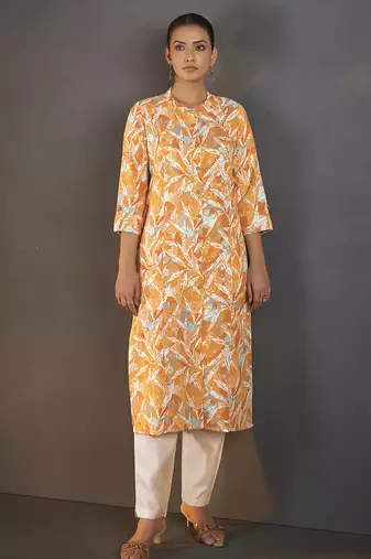 Mustard floral printed cotton blend kurti