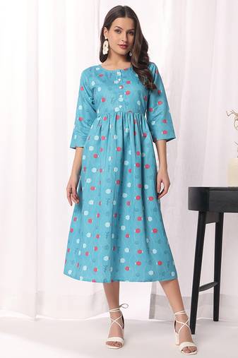 Sky blue floral printed cotton blend kurti