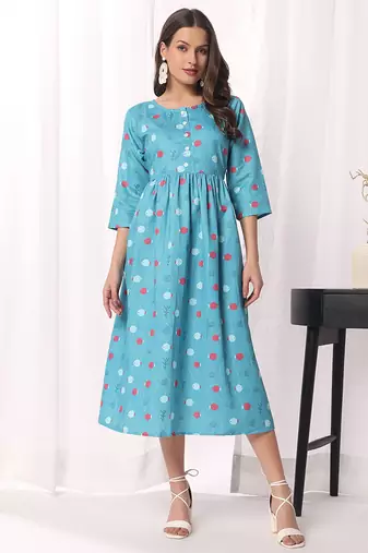 Sky blue floral printed cotton blend kurti