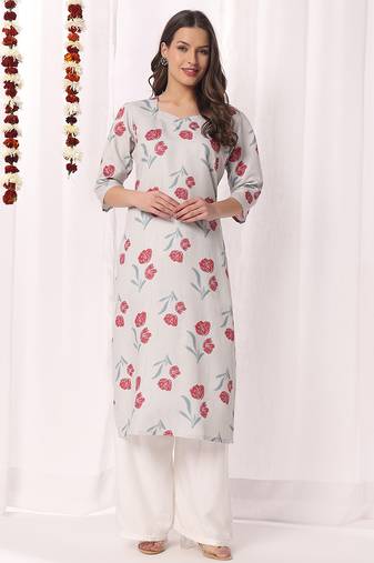 Light grey floral printed cotton blend kurti
