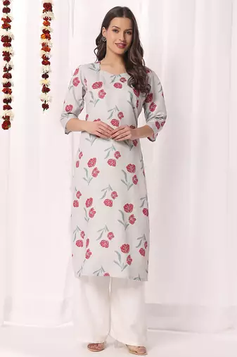 Light grey floral printed cotton blend kurti
