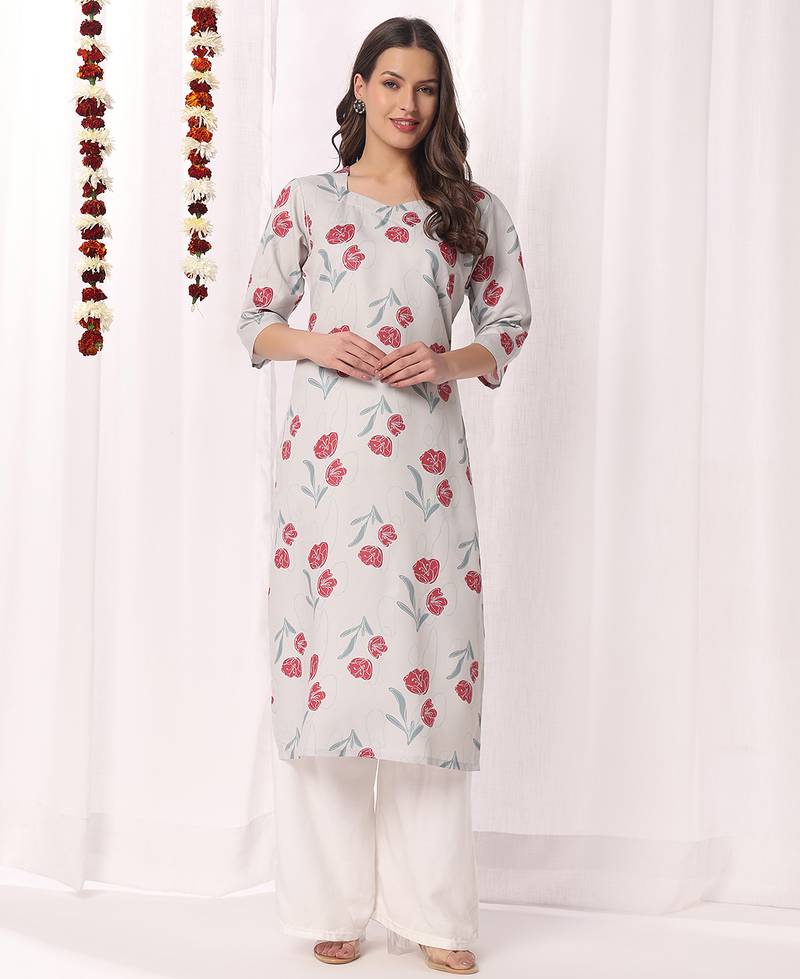 Light grey floral printed cotton blend kurti