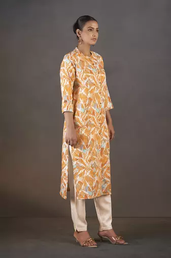 Mustard floral printed cotton blend kurti