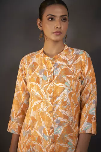 Mustard floral printed cotton blend kurti