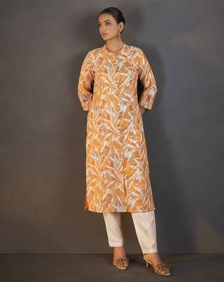 Mustard floral printed cotton blend kurti 5