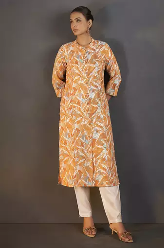 Mustard floral printed cotton blend kurti