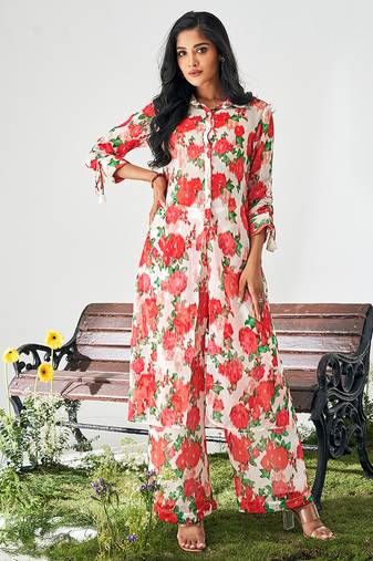 Rose red floral print poly chiffon co-ord set