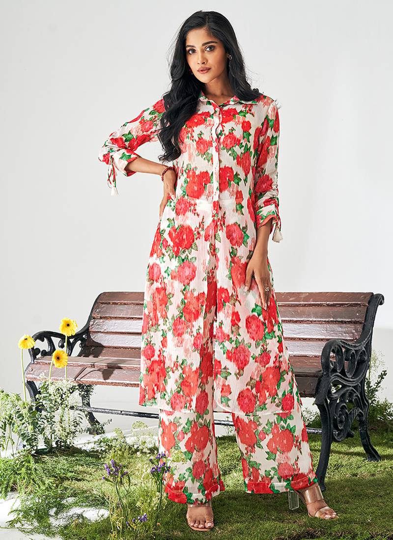 Rose red floral print poly chiffon co-ord set