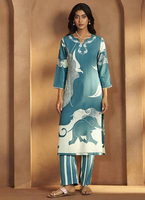 Turquoise printred viscose rayon co-ord set 1