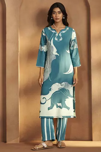 Turquoise printred viscose rayon co-ord set