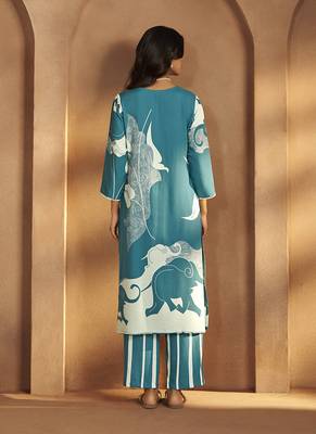Turquoise printred viscose rayon co-ord set 2