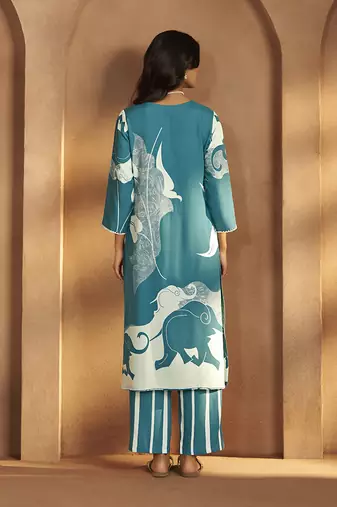 Turquoise printred viscose rayon co-ord set