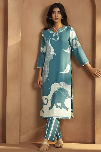 Turquoise printred viscose rayon co-ord set
