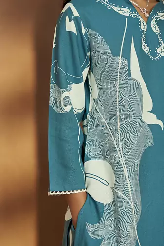 Turquoise printred viscose rayon co-ord set