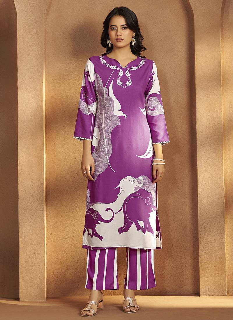 Purple printred rayon co-ord set