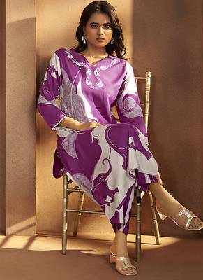 Purple printred rayon co-ord set 3