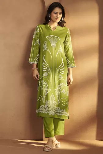 Green printred viscose rayon co-ord set