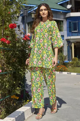 Green printred pure cotton co-ord set