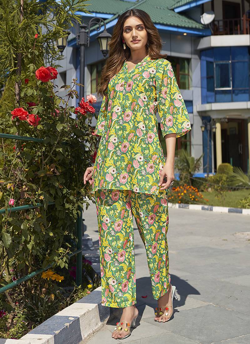 Green printred pure cotton co-ord set