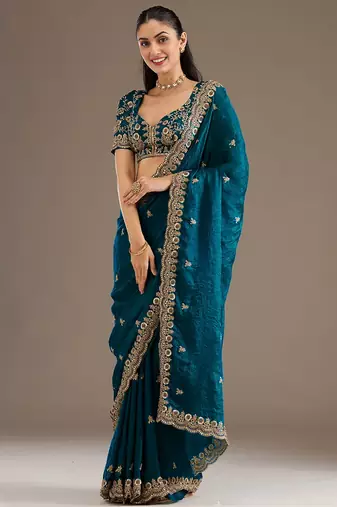 Fabulous Dove Blue Embroidered Tissue Silk Reception Wear Saree With Blouse