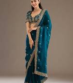 Fabulous Dove Blue Embroidered Tissue Silk Reception Wear Saree With Blouse