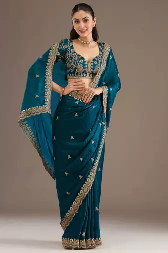 Fabulous Dove Blue Embroidered Tissue Silk Reception Wear Saree With Blouse