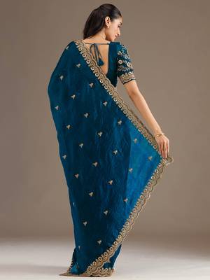 Fabulous Dove Blue Embroidered Tissue Silk Reception Wear Saree With Blouse 5