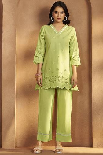 Green schiffli pure cotton co-ord set