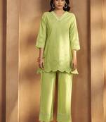 Green schiffli pure cotton co-ord set