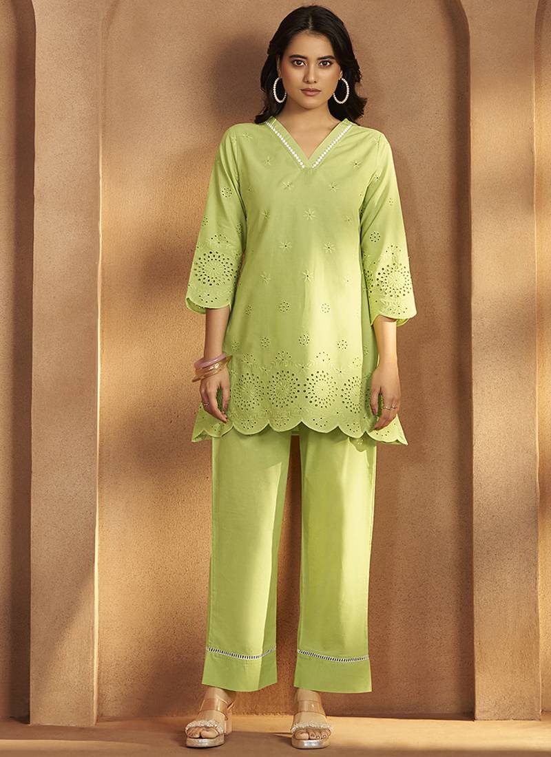 Green schiffli pure cotton co-ord set
