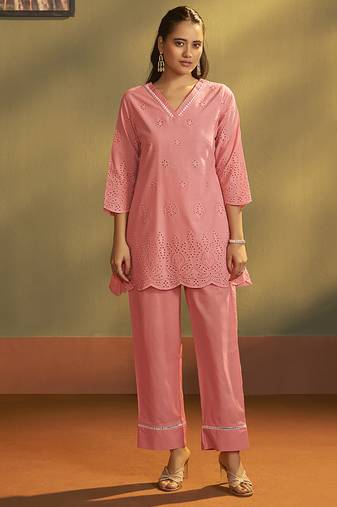 Pink schiffli pure cotton co-ord set