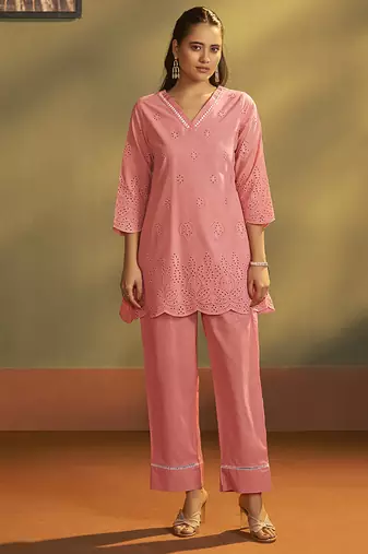 Pink schiffli pure cotton co-ord set