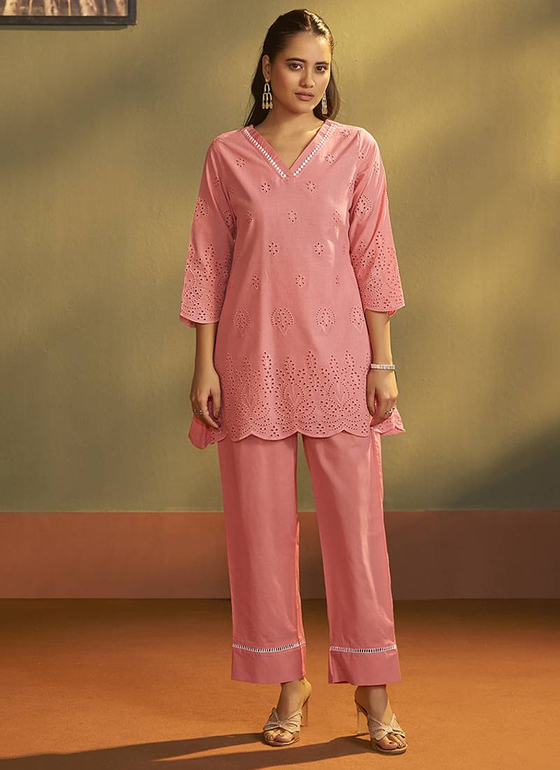 Pink schiffli pure cotton co-ord set