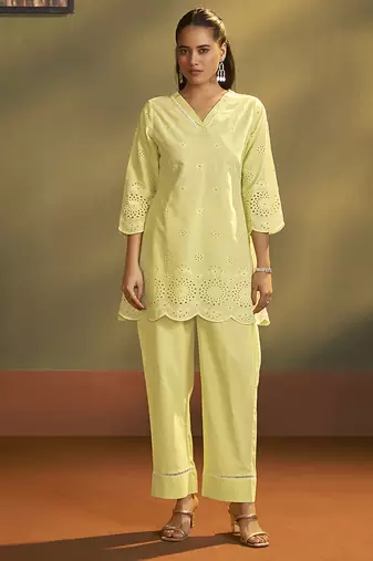 Yellow schiffli pure cotton co-ord set