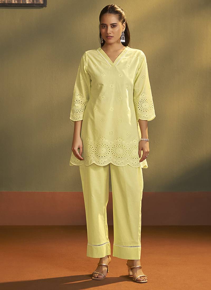 Yellow schiffli pure cotton co-ord set