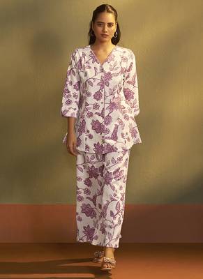 Cream printred cotton blend co-ord set 1