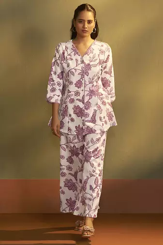 Cream printred cotton blend co-ord set