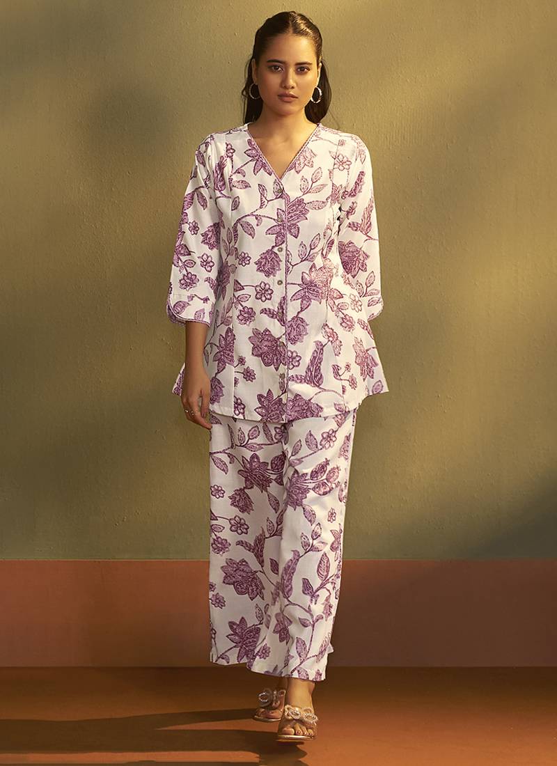 Cream printred cotton blend co-ord set