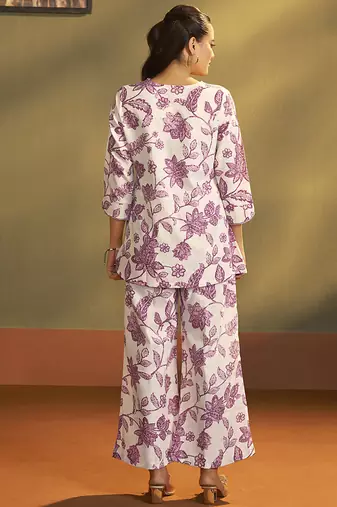 Cream printred cotton blend co-ord set