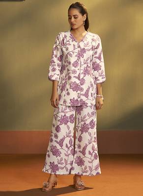 Cream printred cotton blend co-ord set 3