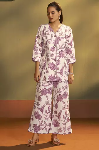 Cream printred cotton blend co-ord set