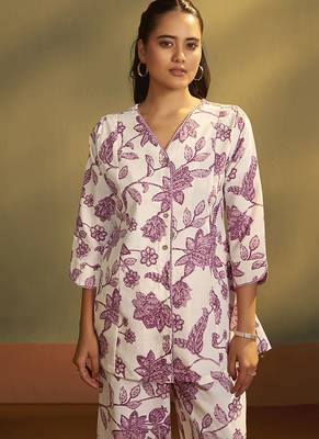 Cream printred cotton blend co-ord set 4