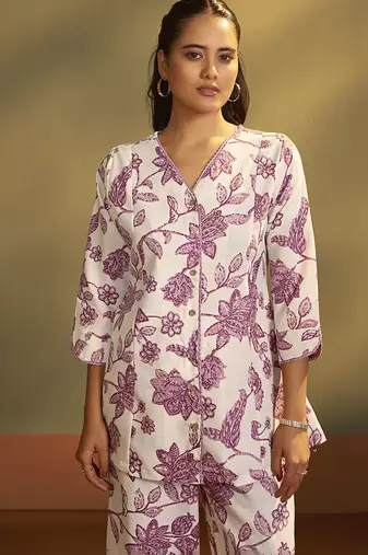 Cream printred cotton blend co-ord set