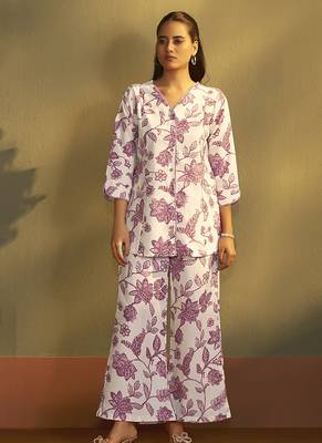 Cream printred cotton blend co-ord set 5