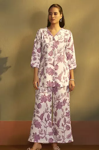 Cream printred cotton blend co-ord set