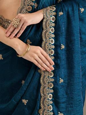 Fabulous Dove Blue Embroidered Tissue Silk Reception Wear Saree With Blouse 6